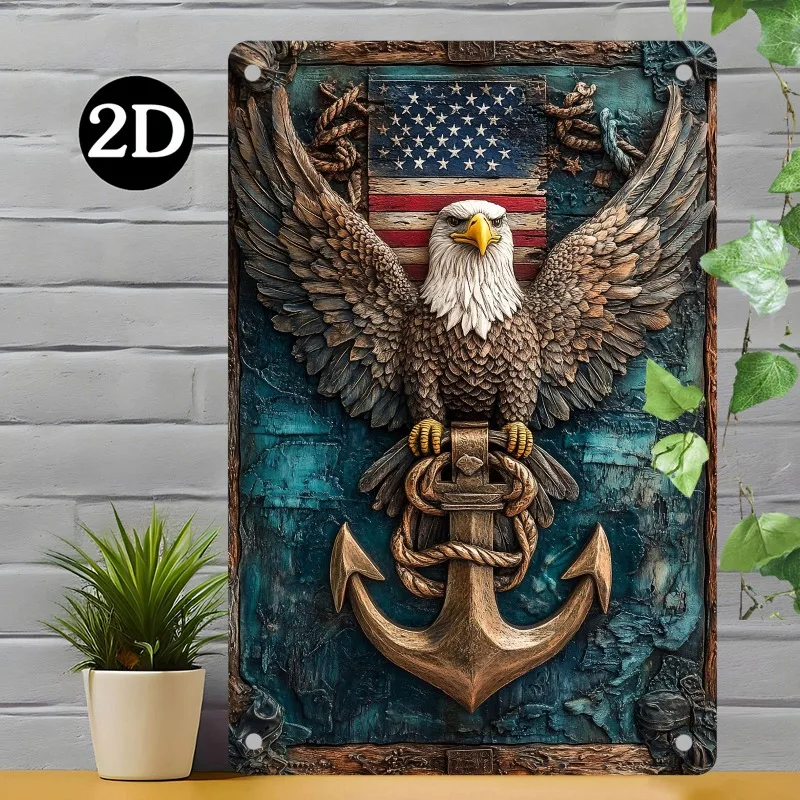 Vintage Patriotic Eagle & Anchor Wall Sculpture Aluminum Metal Hanging Sign for Home, Bar, Kitchen, Office, 2D Flat