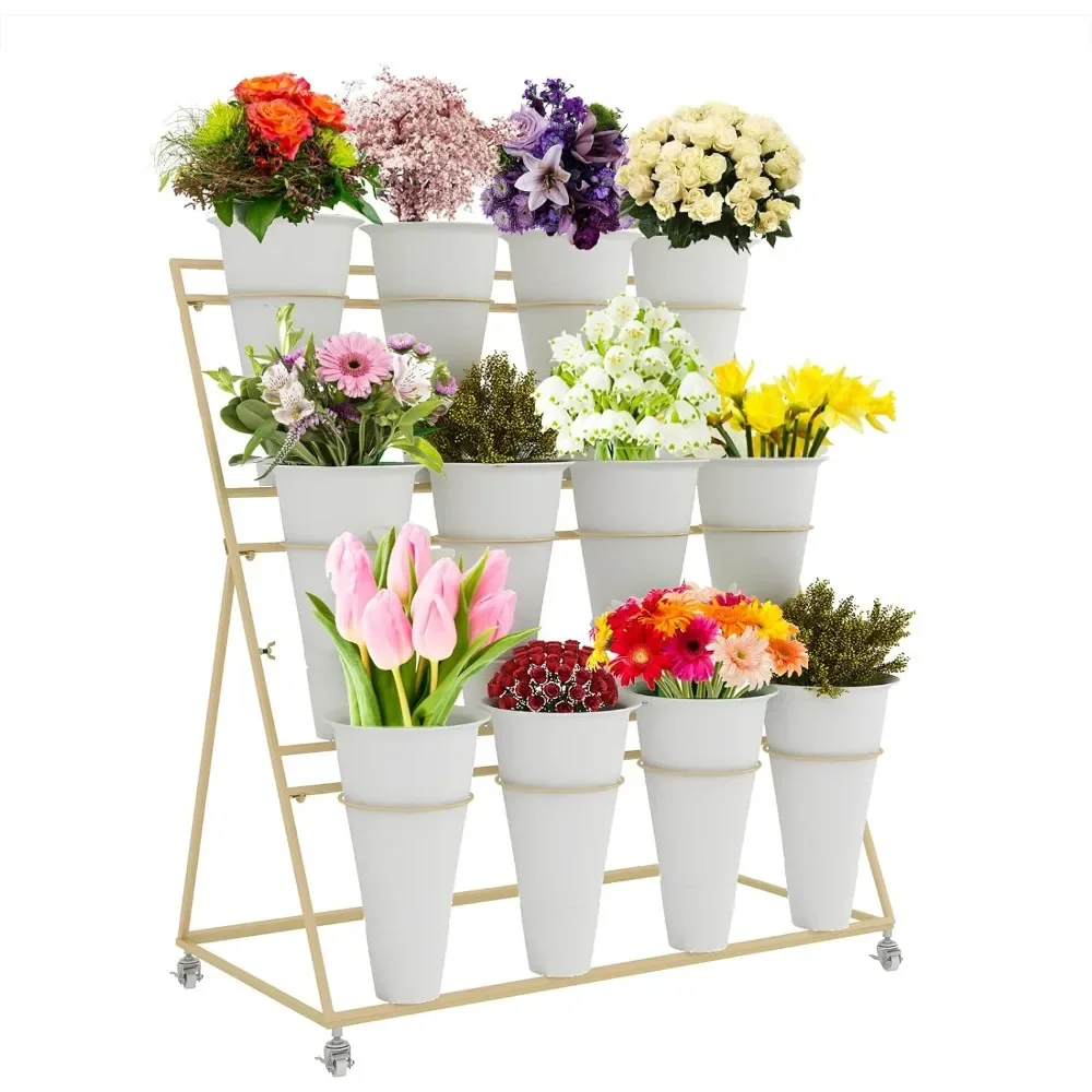 Flower Display Stand,3 Layers Heavy Duty Moving Plant Cart Shelf With Wheels and Bucket,Wrought Iron Florist Shelf(Golden Frame)