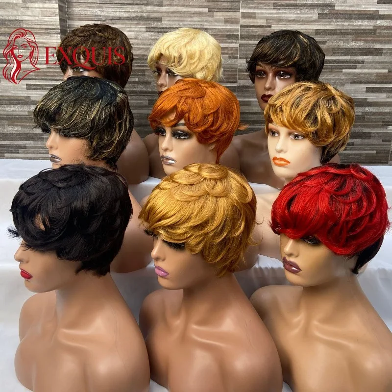 

6 Inch Natural Color 613#350#99J Pixie Cut Human Hair Full Machine Wig Brazilian Virgin Remy Multiple Color Options for Women