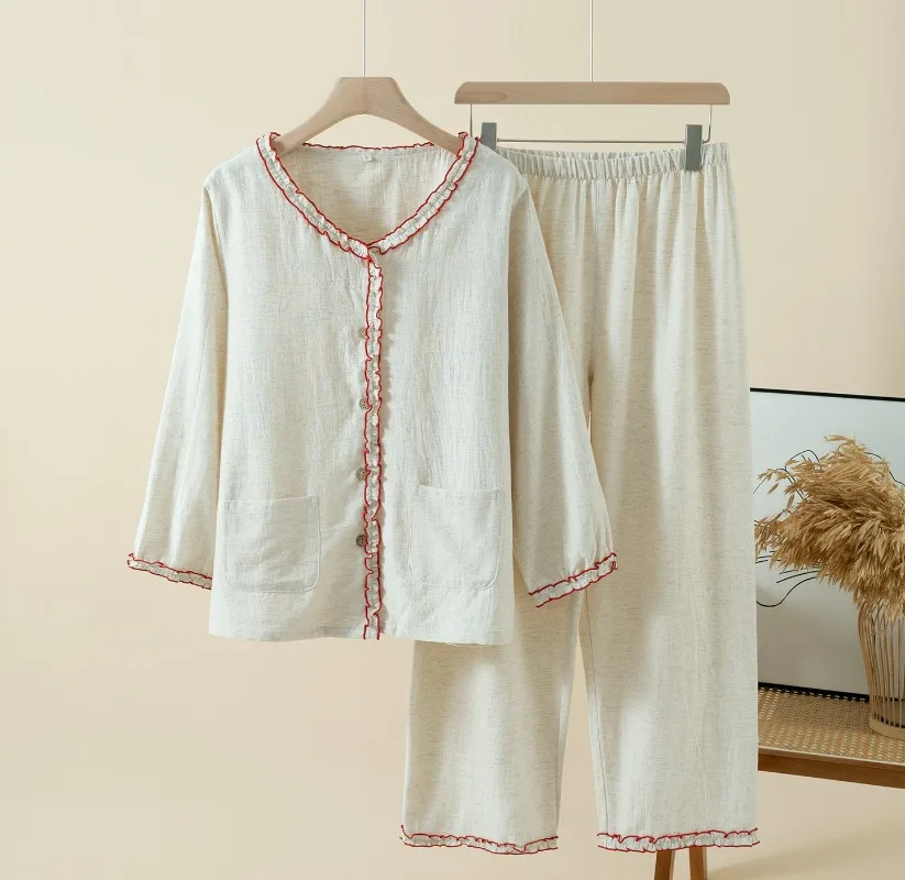 2025 Solid Color Lyocell Cotton and Linen Home Pajamas Women's Autumn Long-sleeved Trousers Thin Home Clothes V-Neck 2 Piece Set