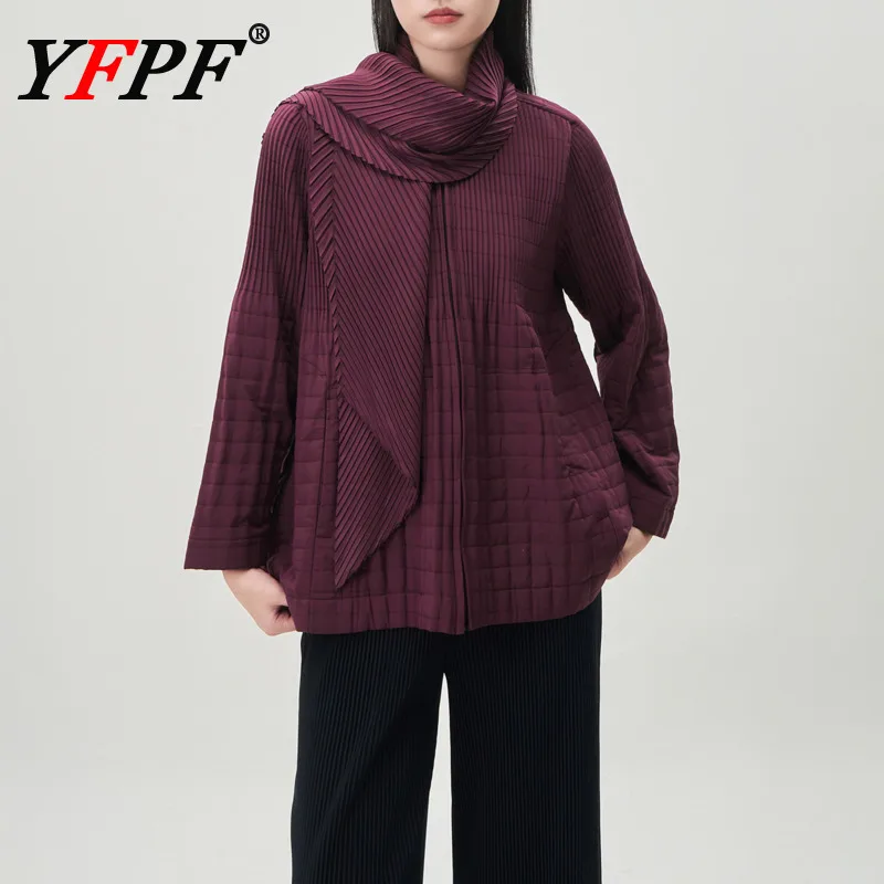 YFPF, nueva chaqueta de invierno para mujer, diseño plisado, bufanda, cuello, retazos, bolsillos con cremallera, abrigo de Color sólido, ropa informal