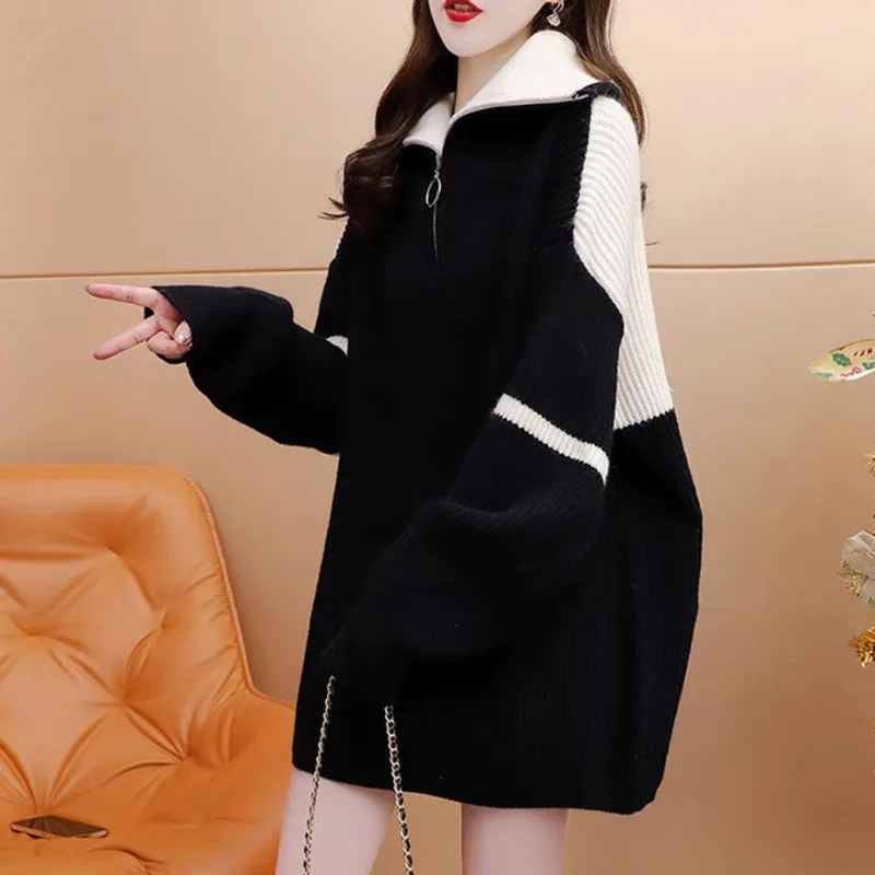 

#3887 Autumn Black Beige Long Sweater Women Loose Spliced Color Batwing Sleeve Pullover Knitted Sweater Female Zipper Streetwear