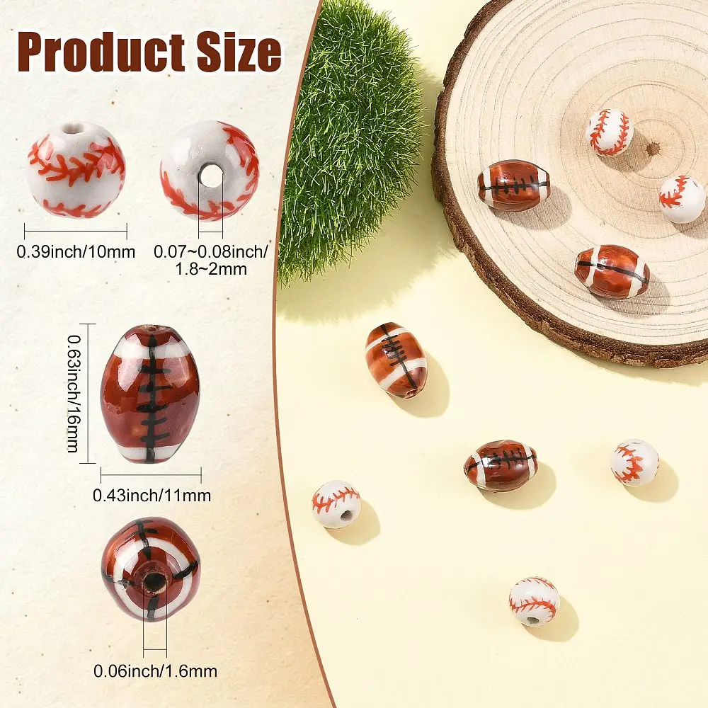 KitBeads 10pcs Sports Ball Ceramic Beads Mixed Baseball Football Shaped Loose Beads for Jewelry Making Bracelet Necklace Crafts
