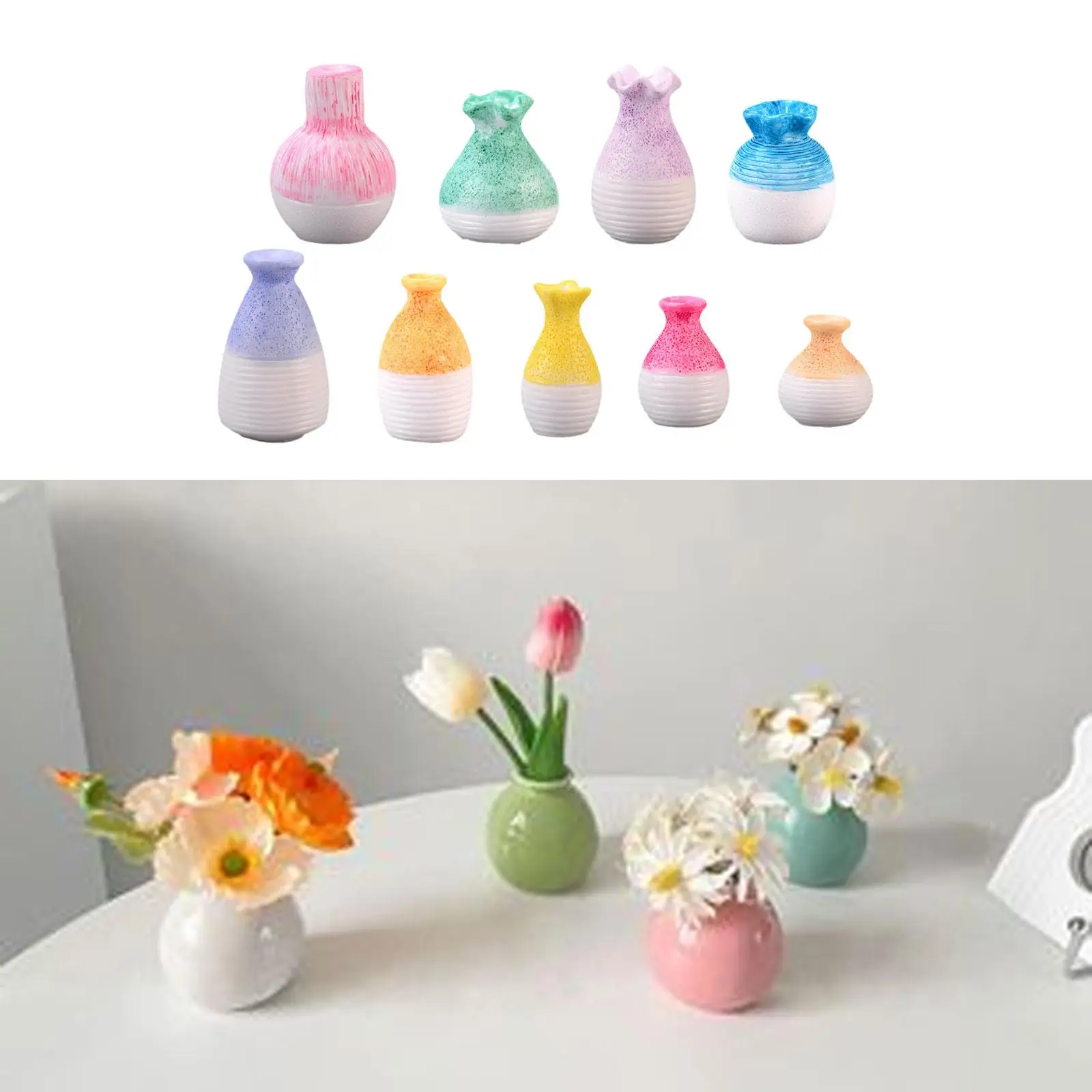 

9Pcs Mini Resin Vase Realistic Miniature Landscapes Decorative Floral Accessory Flower Decoration Colorful Dollhouse Furniture