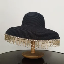 Women's Sun Hat Homemade Fashion Hepburn Fringe Pearl Straw Hat Party Travel Vintage Wind Clock Hat Summer