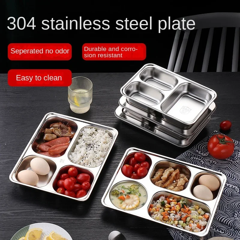 3/5/4 Section 304 Stainless Steel Divided Dinner Tray Lunch Container Food Plate for School Canteen Fast Food Adult Lunch Box