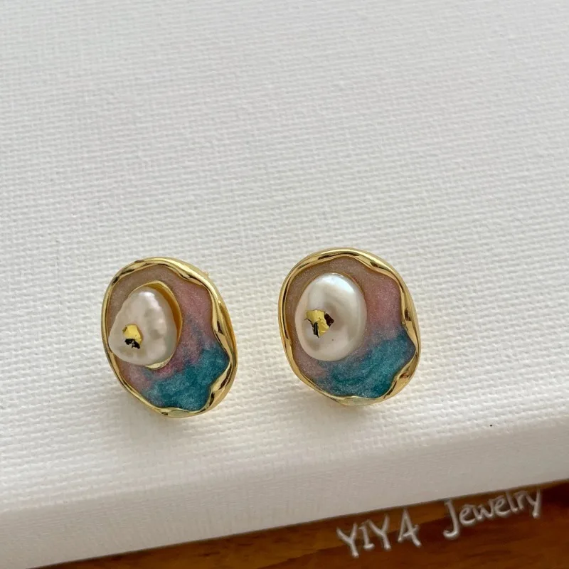 مينار جديد شيك لؤلؤ المياه العذبة الأزرق الأرجواني المينا هندسية غير النظامية وأقراط للنساء سبائك مطلية بالذهب مجوهرات الزفاف