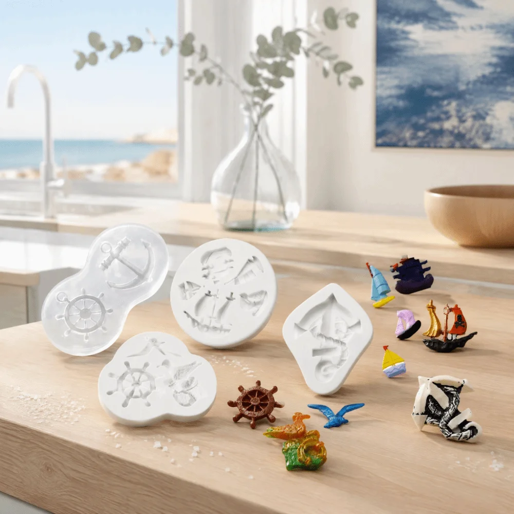 4PCS New Silicone Fondant Mold Non Stick Nautical Theme Chocolate Mold White Cupcake Topper Mold Cupcake Decoration
