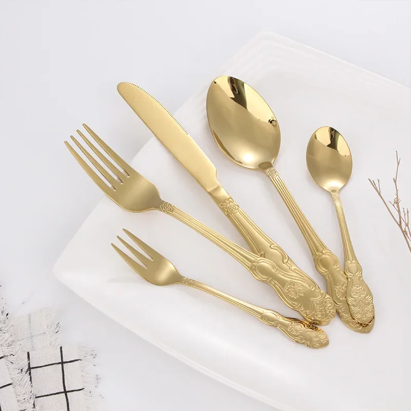 4/5pcs Cutlery Set Gold Stainless Steel Western Royal Dinnerware Silverware Tea Forks Spoon Knives Kitchen Dinner Tableware Gift