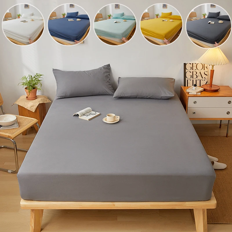 

Cotton Fitted Sheet with Elastic Bands Non Slip Adjustable Mattress Cover for Double King Queen Bed Non-Slip Solid Color