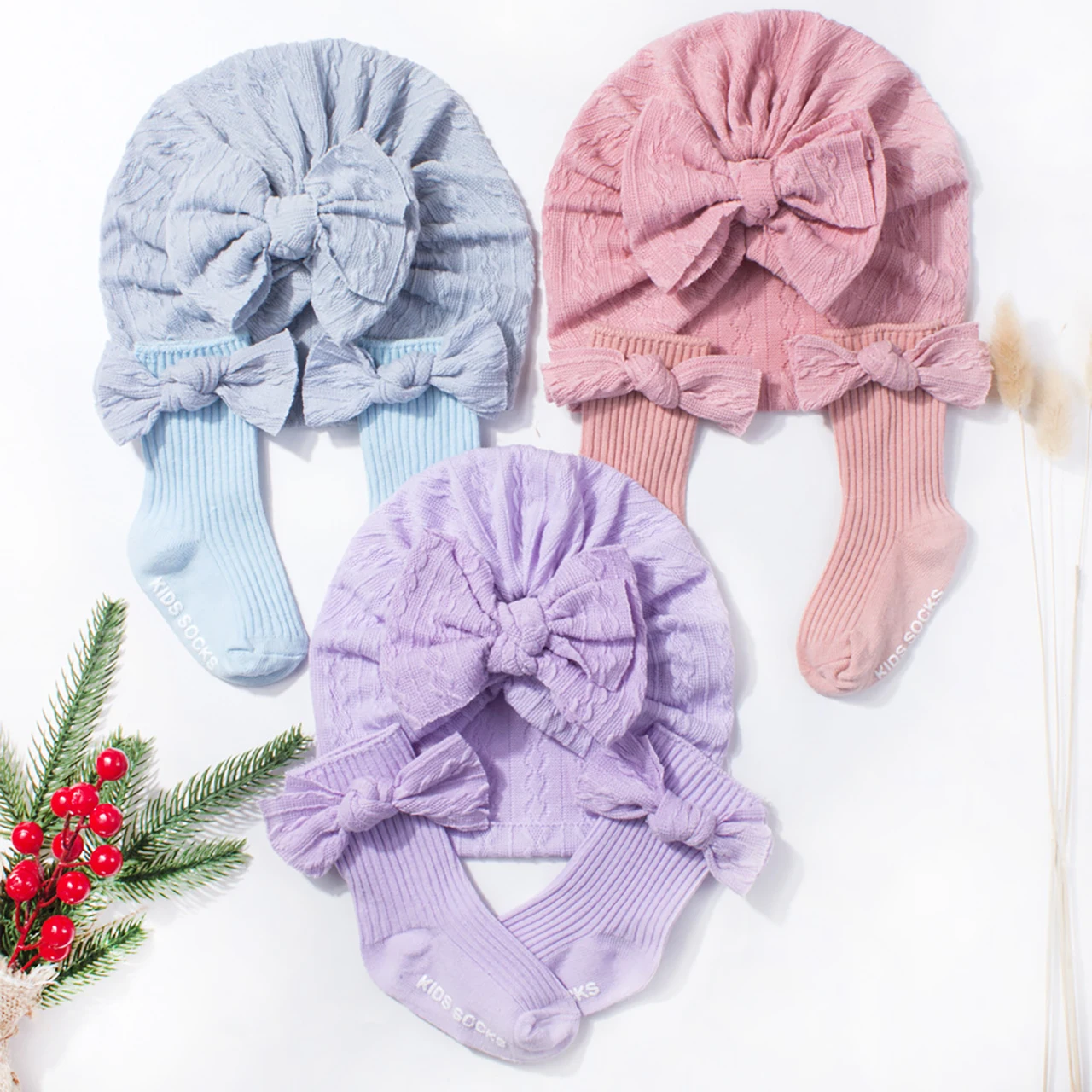 Baby Bow Turban Cap Socks Set Indoor Non-slip Long Stockings Newborn Headscarf Hat Solid Color Bowknot Cotton Sock 0-6Month Kids