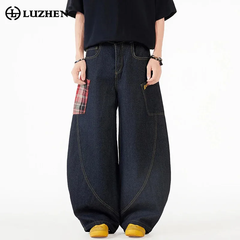 

LUZHEN Checked Printed Pockets Patchwork Design Baggy Jeans Men 2025 New Fashion Streetwear Straight Wide Leg Denim Pants JY3080