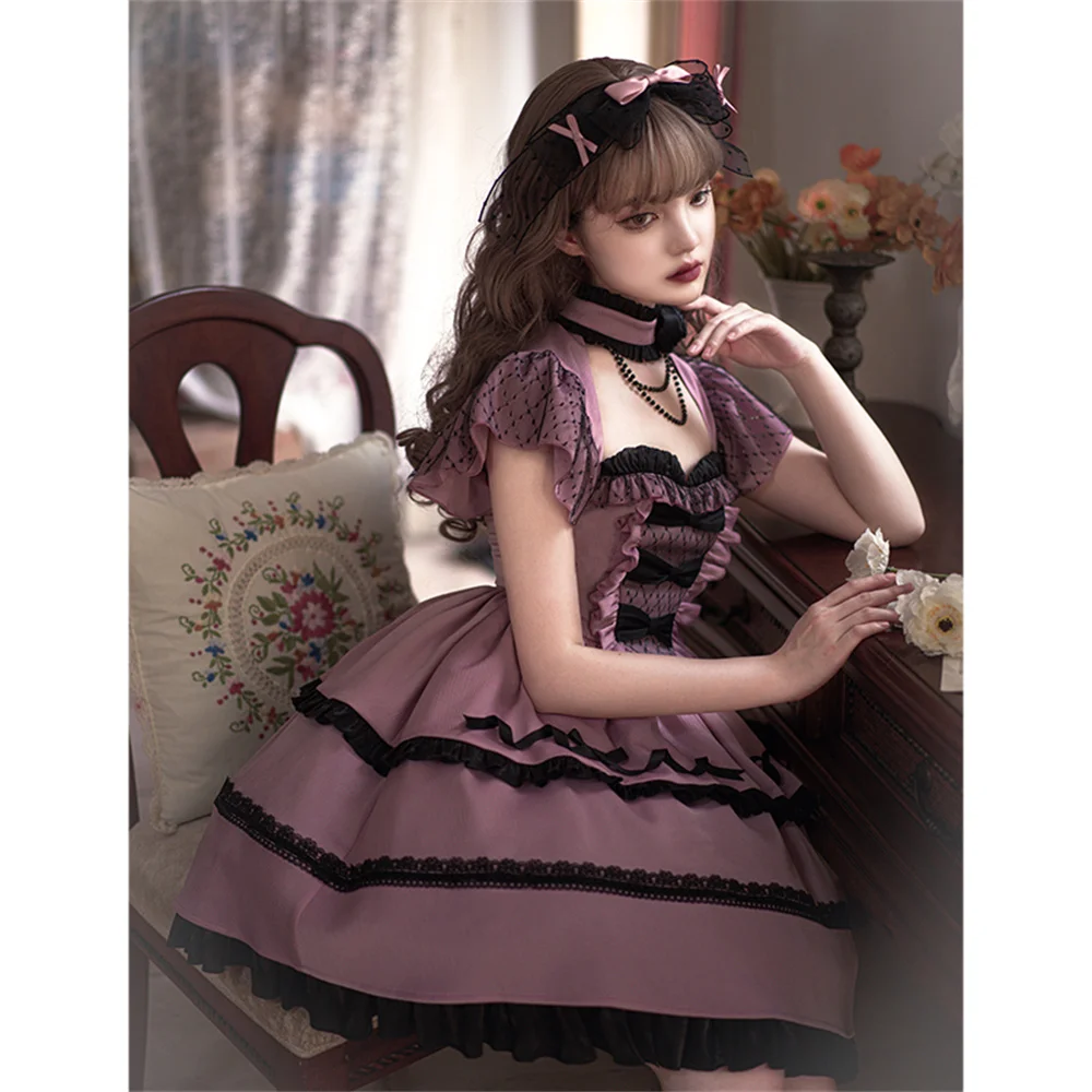 Sweet Lolita Elegant Ruffled Dress Cla Three-dimensional Bow Stitching Choker Japanese Loli Tea Party Lo Dress