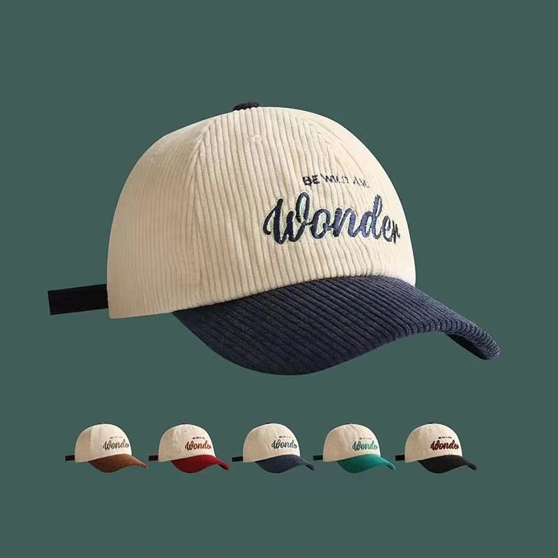 Corduroy Hat WONDER Embroidery Patchwork Colours Baseball Cap Korean for Women Fashion Visor Cap for Men