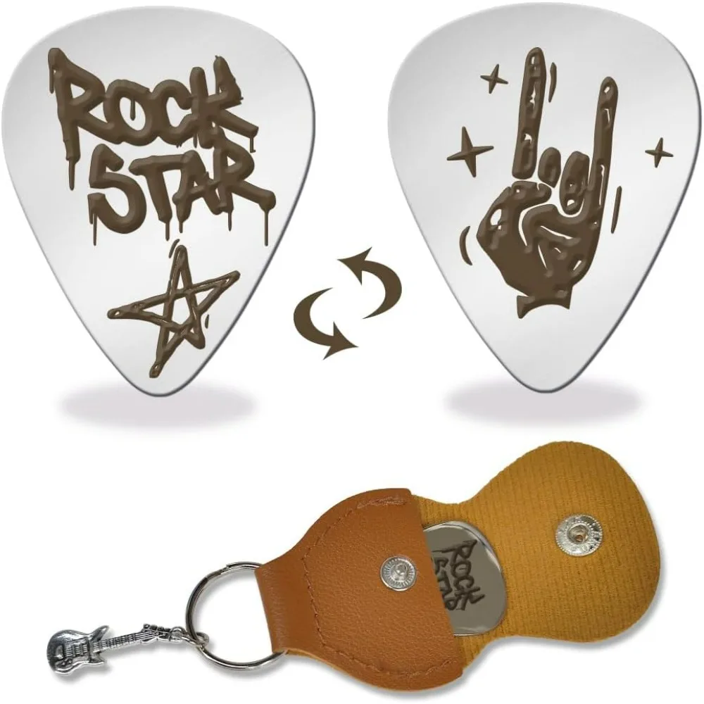 1 Pc Stainless Steel Guitar Pick Rock Star and Gesture Metal Guitar Plectrums with Holder Bass Pick Musicial Gifts making kit