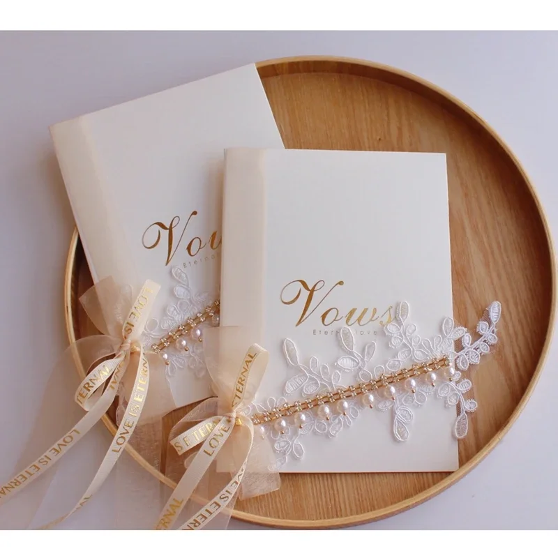 1 Pair INS high-end heavy industry bride and groom wedding vow cards rhinestone lace gilding oath card wedding Vows book