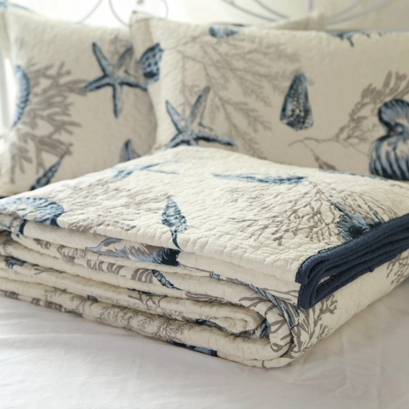 Shell Print 100% Cotton Quilt Set 3pcs King Queen Size, Lightweight Breathable Bedding Set for All Season, Quilted Bedspread