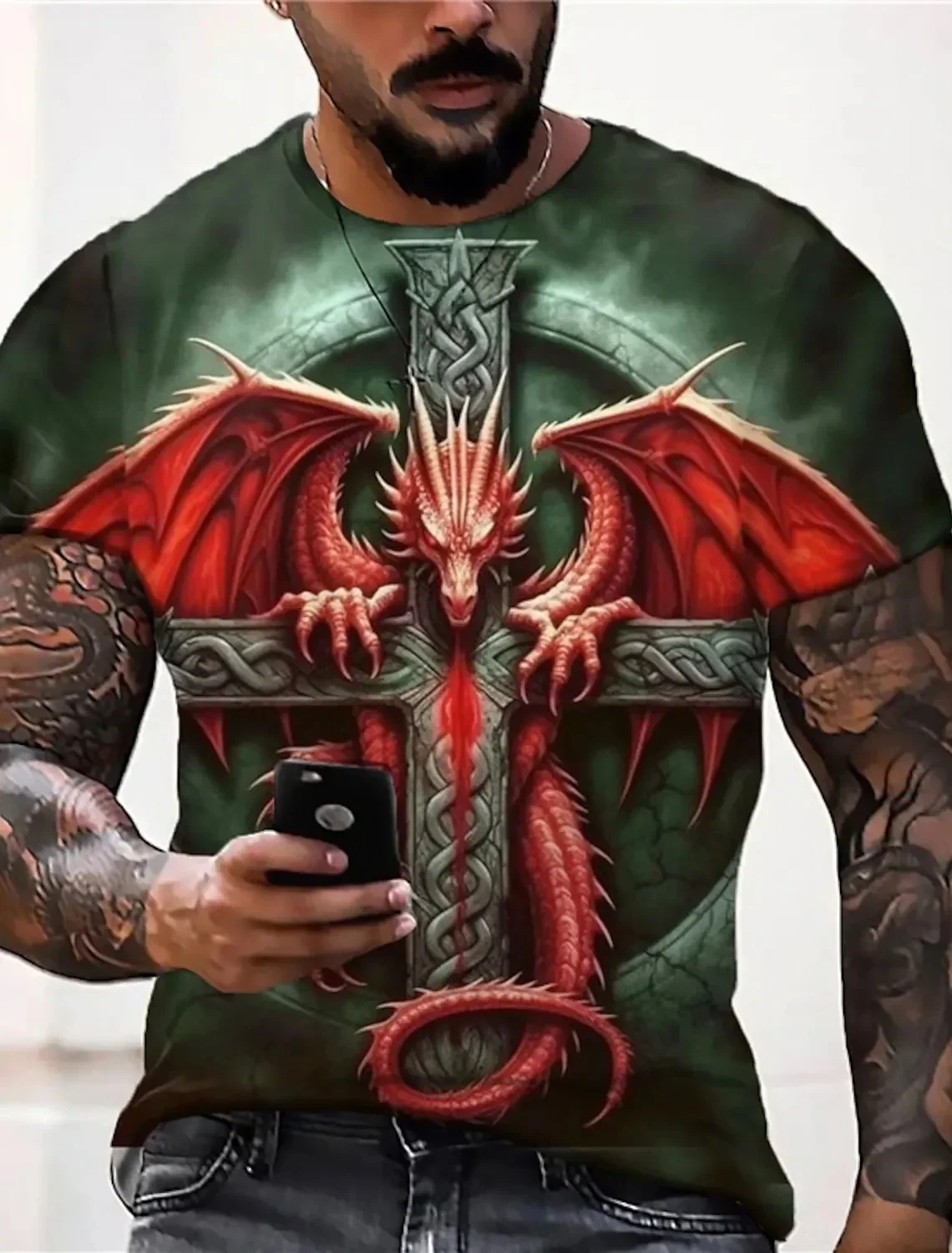 Summer New Vintage Print Super Dragon Tiger Pattern Men's T-shirt Street Fashion Element Round Neck
