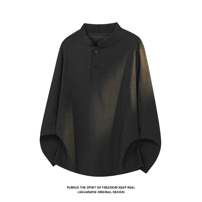 Mens Stand Collar Long Sleeve Top Partial Button Design Vertical Sewing Detail Relaxed Silhouette For Office Commute Wear