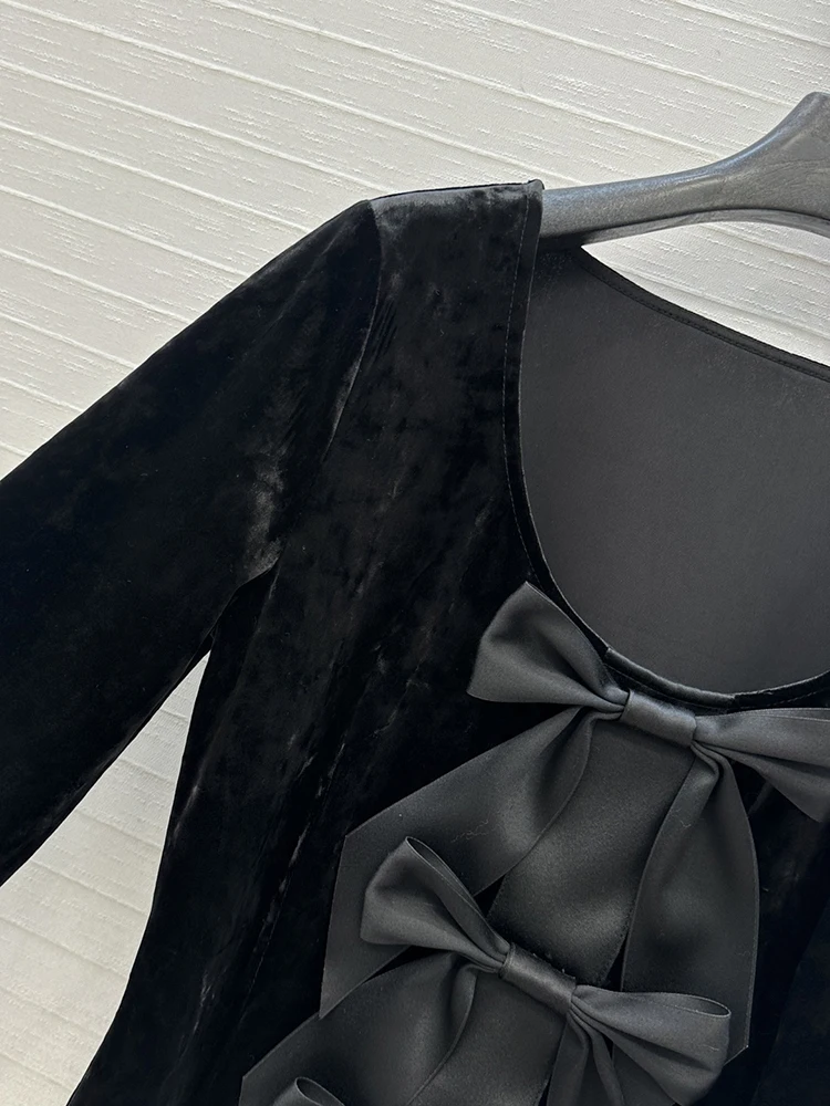 SVORYXIU خريف شتاء 2025 نمط جديد موضة رقبة مستديرة تصميم القوس البلوفرات المرأة موضة قميص أسود دافئ #2