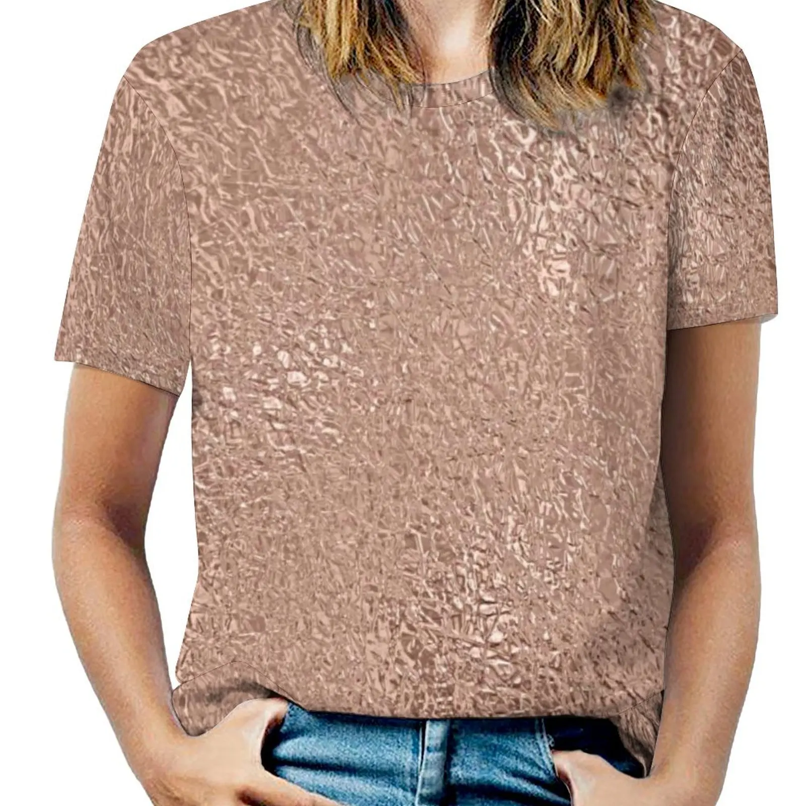 Faux Metallic T-Shirt Rose Gold Glitter Metal Print Funny T Shirts Short Sleeve Basic Tshirt Summer Custom Tees Big Size 5XL 6XL