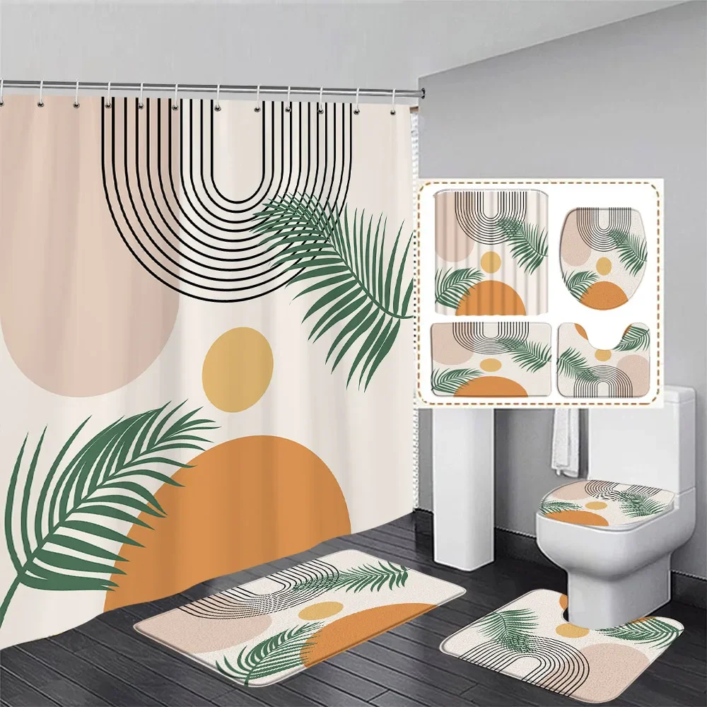 Mid Century Shower Curtain Set Tropical Leaves Modern Black Lines Boho Geometric Art Bathroom Decor Bath Mats Toilet Lid Cover