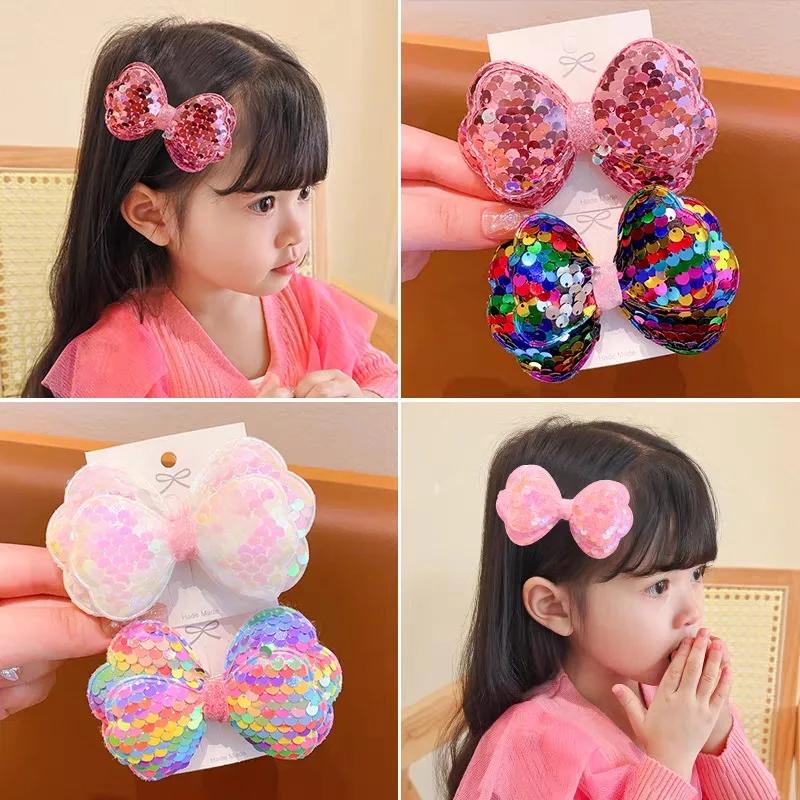 1PC New Double Sequin Bow Princess Baby Girls Hairpins Hair Clips Cute Kids Headwear Children Hair Accessories