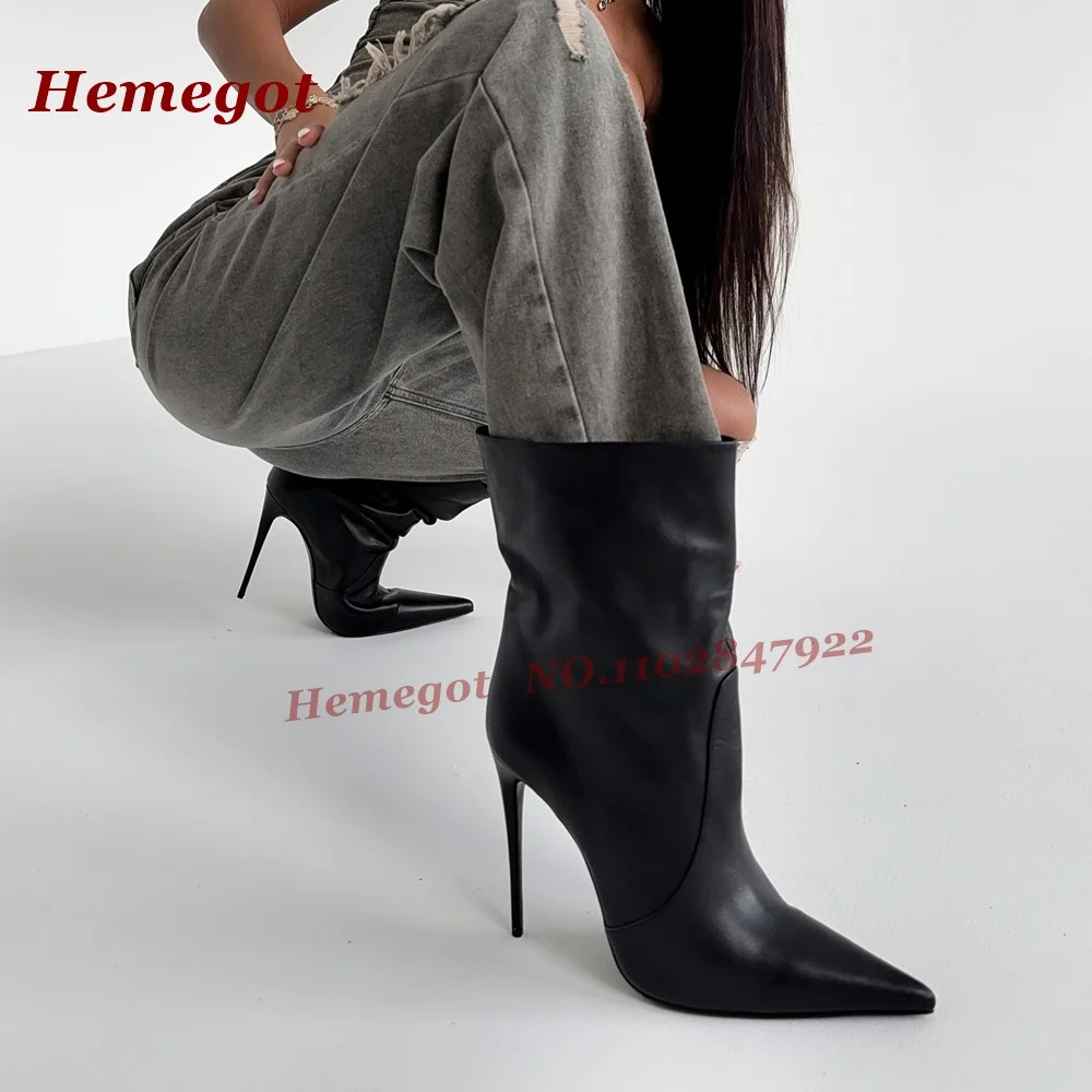 

Black Pleated Stiletto Mid-Calf Boots Pointed Toe Thin High Heels Slip On Women's Boots Leather Splicing Runway Shoes 2026 New