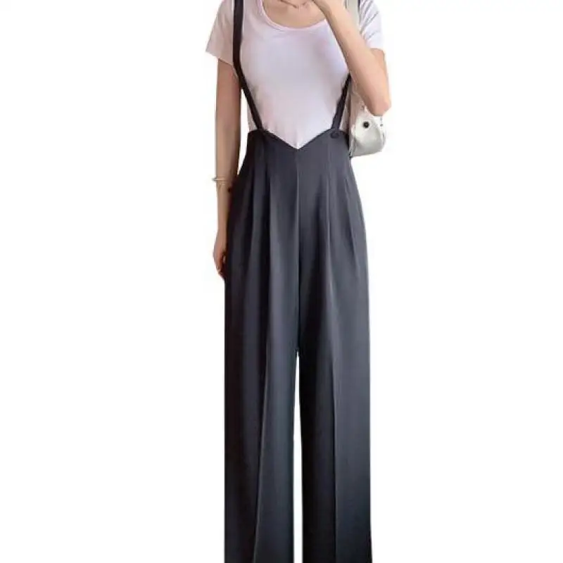 女性用ワイドレッグプリーツジャンプスーツ、ルーズストラップパンツ、ハイウエスト、ワイドレッグ、シンプル、カジュアル、ブラック、グレー、春、夏、用途、韓国ファッション