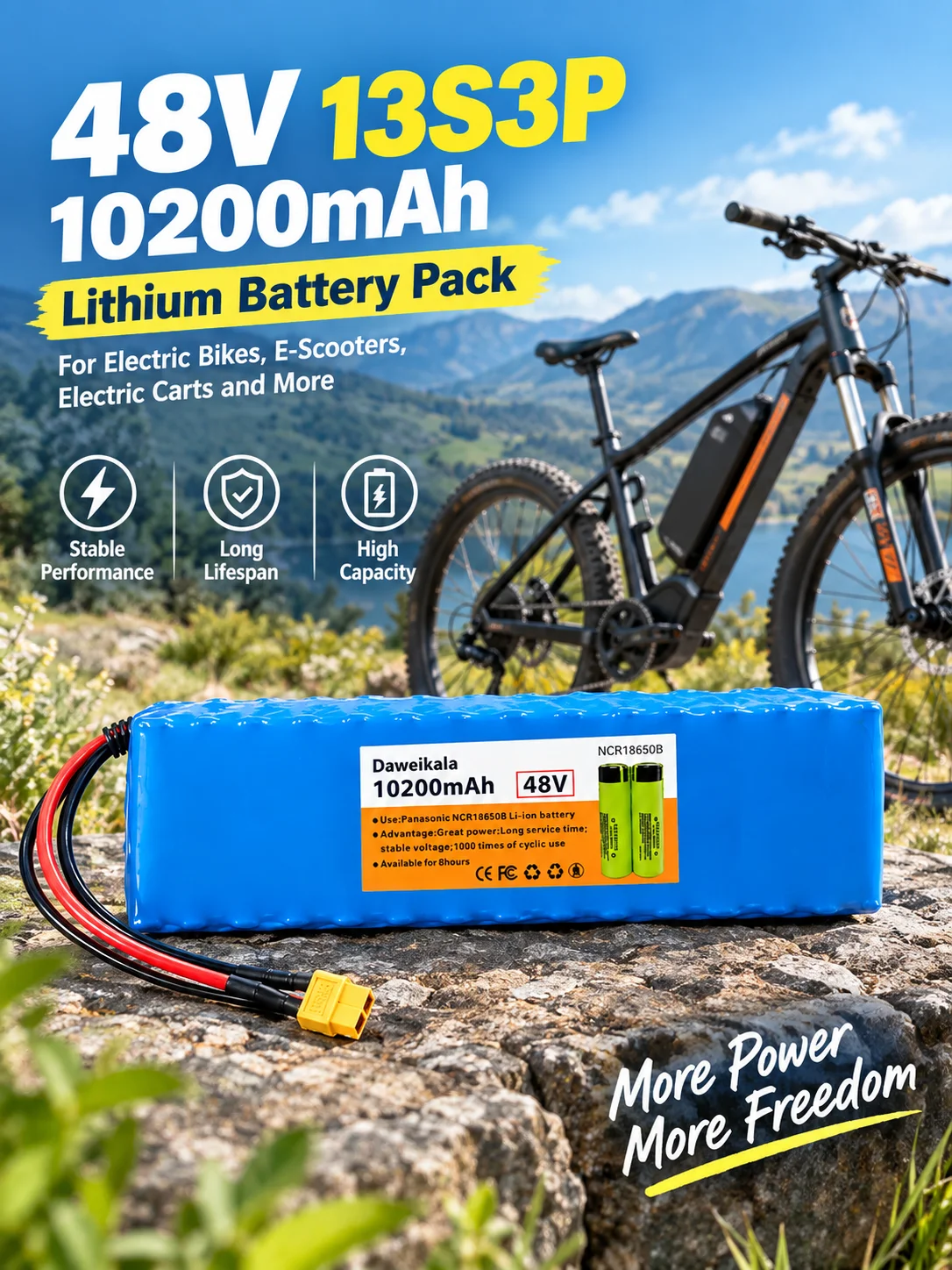 48V 13S3P 10200mAh NCR18650B Lithium-Ionen-Akkupack mit Ladegerät, Ausgangsschnittstellen: XT60+DC oder T+DC, geeignet für Elektrofahrräder, Elektroroller, Rollstühle, Rasenmäher, schnelle Lieferung