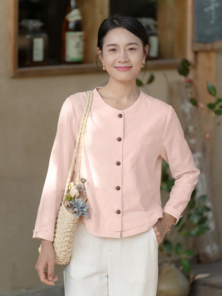 

Ele Cotton Linen Long Sve round Ne Jaet Women's New Spring Artistic Simple irt Versatile Top Commute Sle