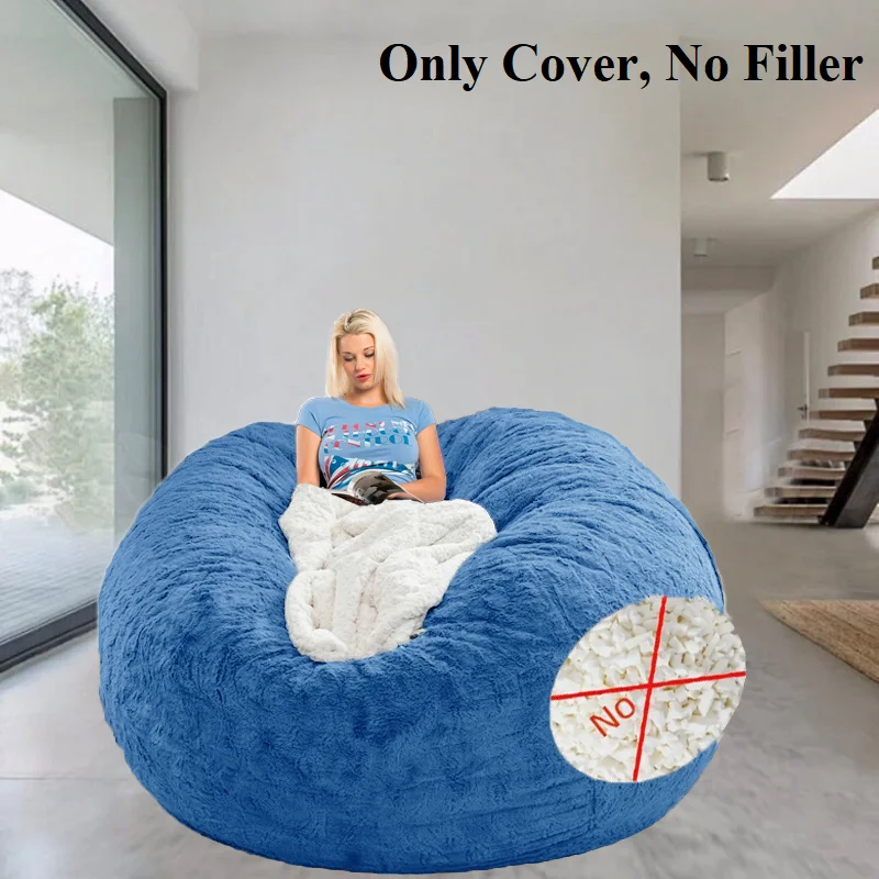 Soft Fluffy Plush Bean Bag Chair Cover (Only Cover No Filler) Solid Color Round  Large-sized Sofa Chair Cover Home Decoratio