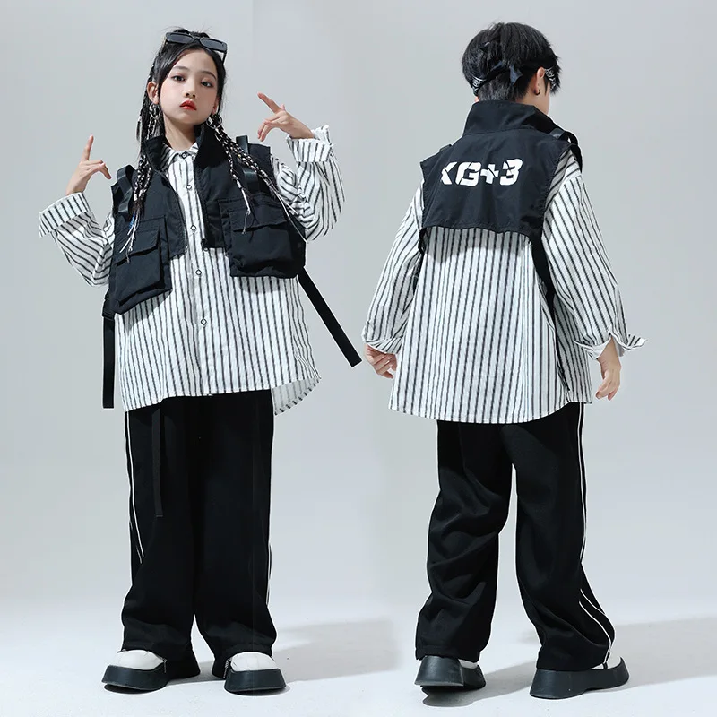 Hip Hop Girls Black Vest Striped Shirt Tops Boys Jazz Street Dance Baggy Pants Children Clothes Sets Teen Kid Rave Party Costume