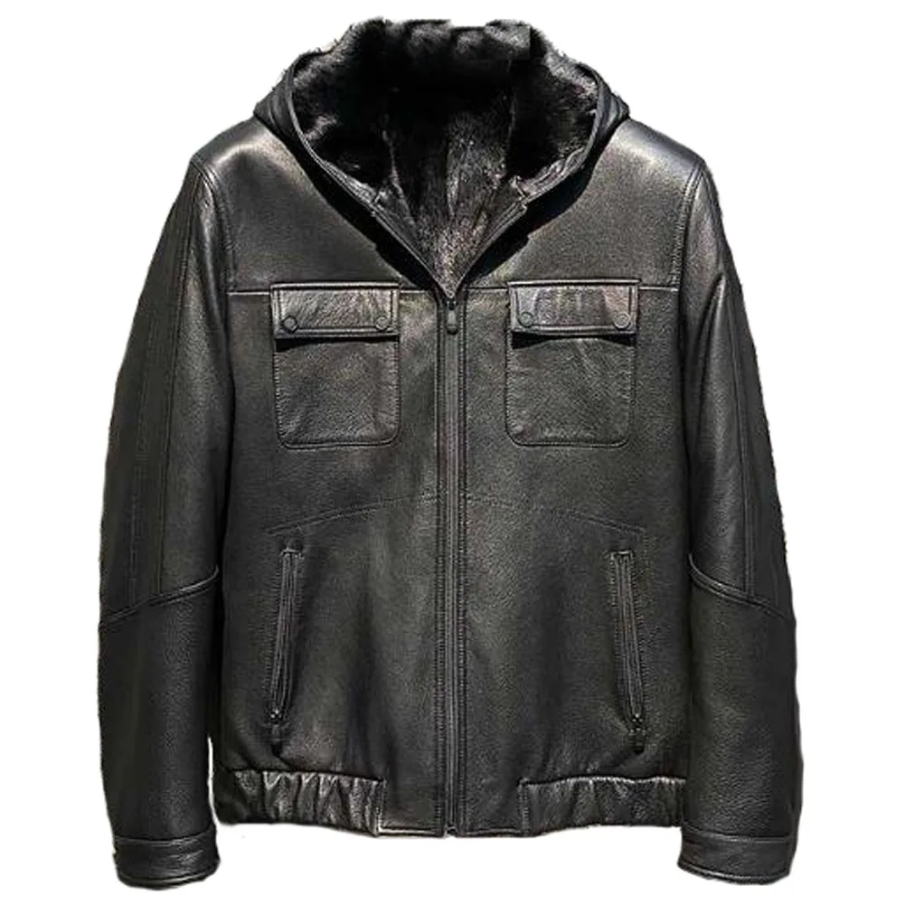 

Denny&Dora Sheepskin Coat Hooded Short Sheepskin Coat For Men Black Shearling Jacket