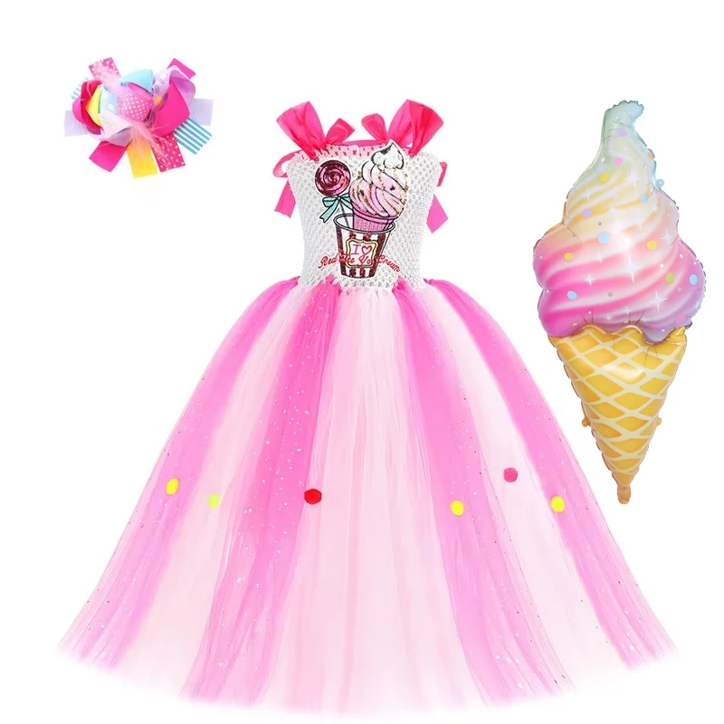 Candy Dress Girls Ice Cream Long Tutu Christmas Halloween Costumes Kids Candy Birthday Outfits with Bow Princess Ball Gown