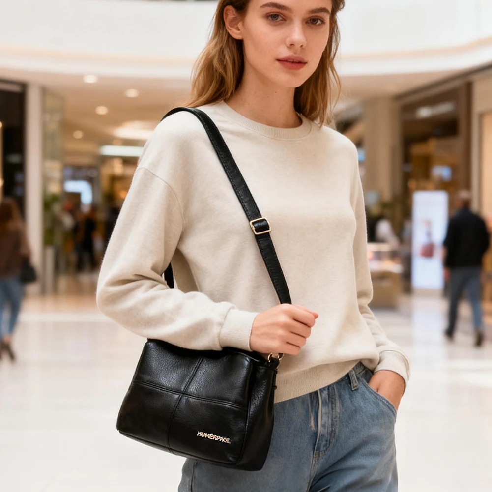 HUMERPAUL Women Genuine Leather Shoulder Crossbody Bag 2 Removable Straps Multi Pockets Large Capacity Ladies Daily Handbag