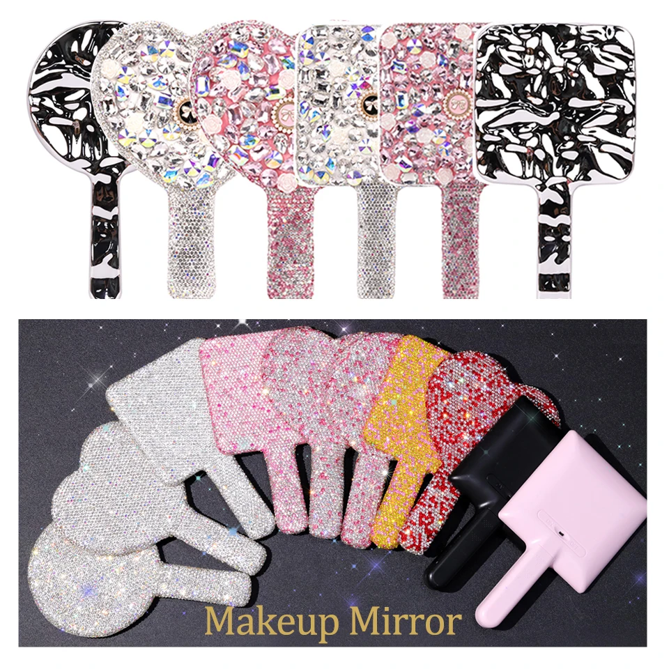 Head Diamond Handheld Makeup Mirror Portable LED Daylight Vanity Heart Mirror Ins Rhinestones LED Christma Gift Cosmetic Mirror