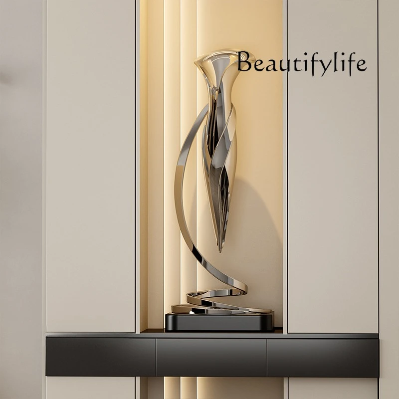 Modern light luxury stainless steel sculpture floor-to-ceiling ornament hotel villa entrance niche abstract art installation