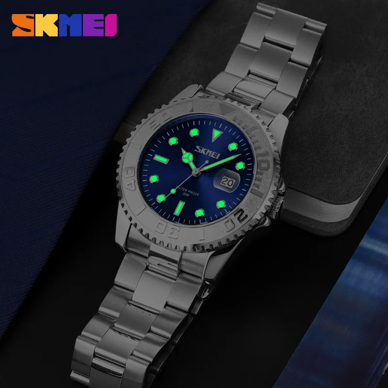 Skmei Fashion Business Thin Calendar Men's Quartz Watch Rotatable Dial Solid Steel Belt Waterproof Men's Watch