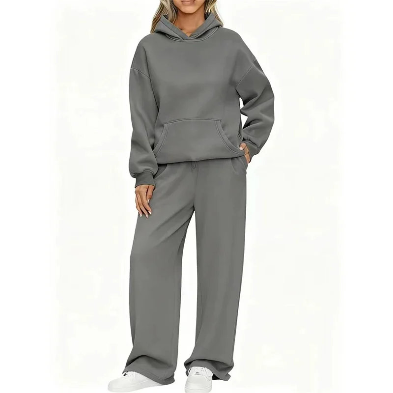 Herbst-Winter Damen Hoodie-Anzug + Weite Hose Zweiteiliges Set Frei Kombinierbar Langarm-Trainingsanzug mit Känguru-Tasche Damenanzug – Detail 12