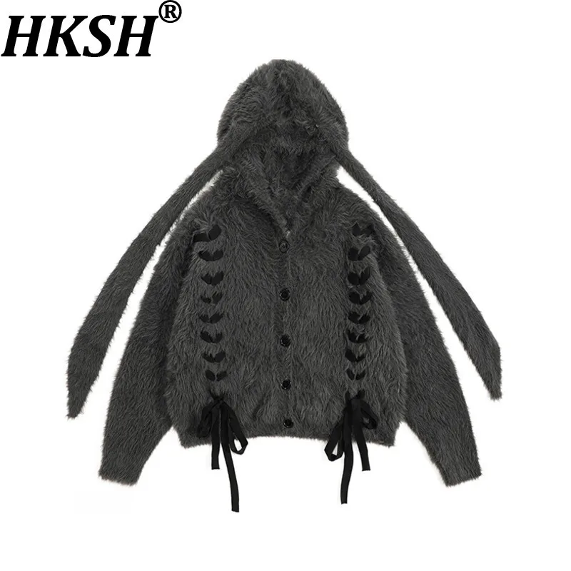 

HKSH Autumn Winter New Women Sweater Knitted Cardigan Rabbit Ear Hooded Single Breasted Contrast Color Lace-up Chic Coat HK13034