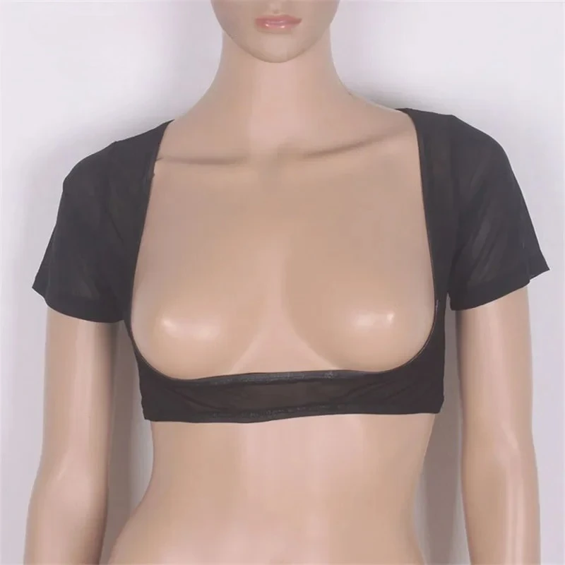 

Сетчатый укороченный топ для танца живота с открытой грудью и короткими рукавами, однотонный сексуальный боди для танца живота, сексуальное нижнее белье