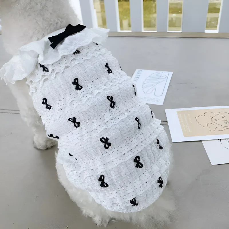 Summer White Bubble Check Pet Clothes Two Legs Dog Clothes Bichon Frise Teddy Bow Lace Dress Yorkshire Solid Color Sling