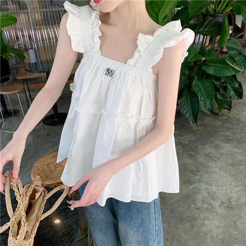 Summer New Pleated White Small Suspender Fresh Youthful Design Embroidered Vest Top Women's Trend