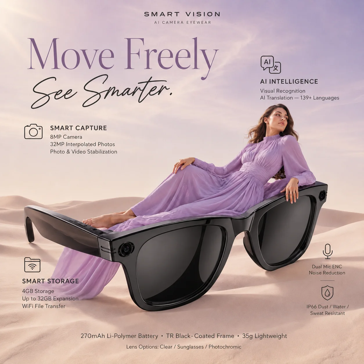 4K Ultra Video Smart Glasses 8MP HD Camera  Anti-shake Object Recognition Al Intelligent Translation Voice Wake-up Smartglasses