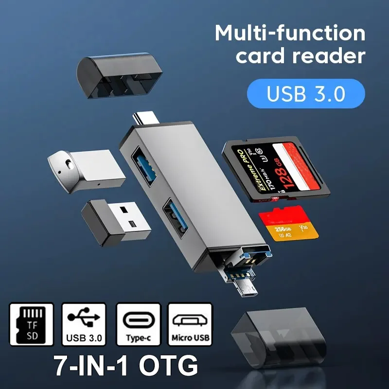 OTG Type C SD TF Card Reader 7 in 1 USB 3.0 Micro USB Flash Drive Adapter 5Gbps High Speed Transfer Multifunctional Card Reader