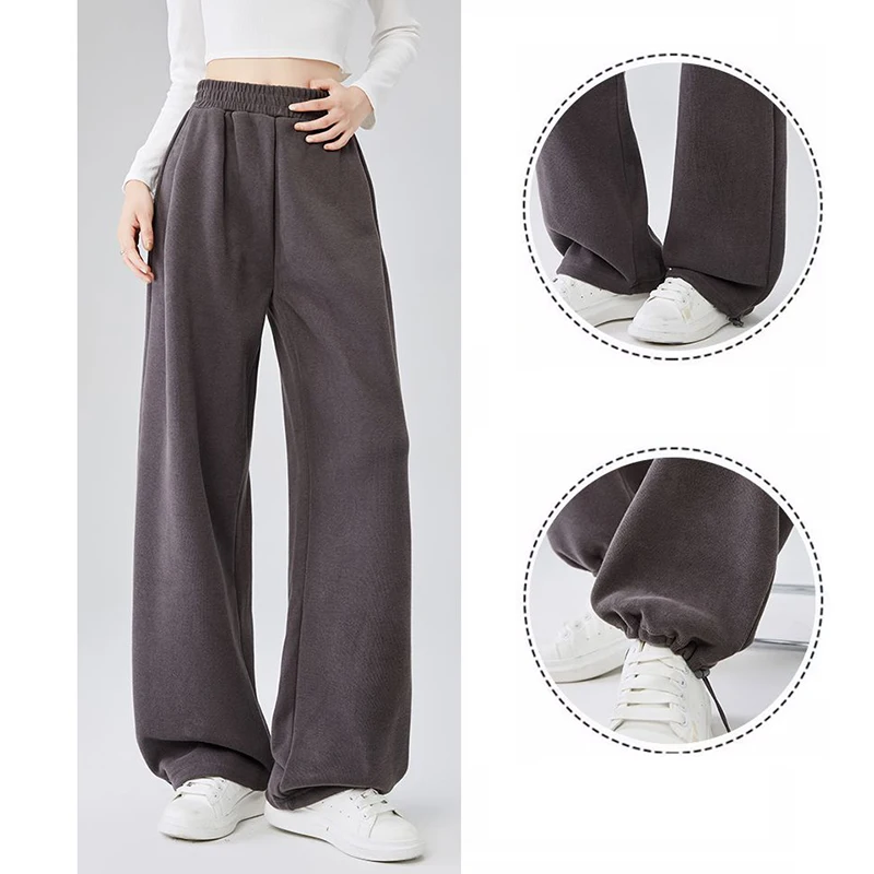 Pantalones clásicos grises de cintura alta para mujer, cómodos pantalones de chándal de pierna recta, pantalones lisos con cordón a la moda para mujer