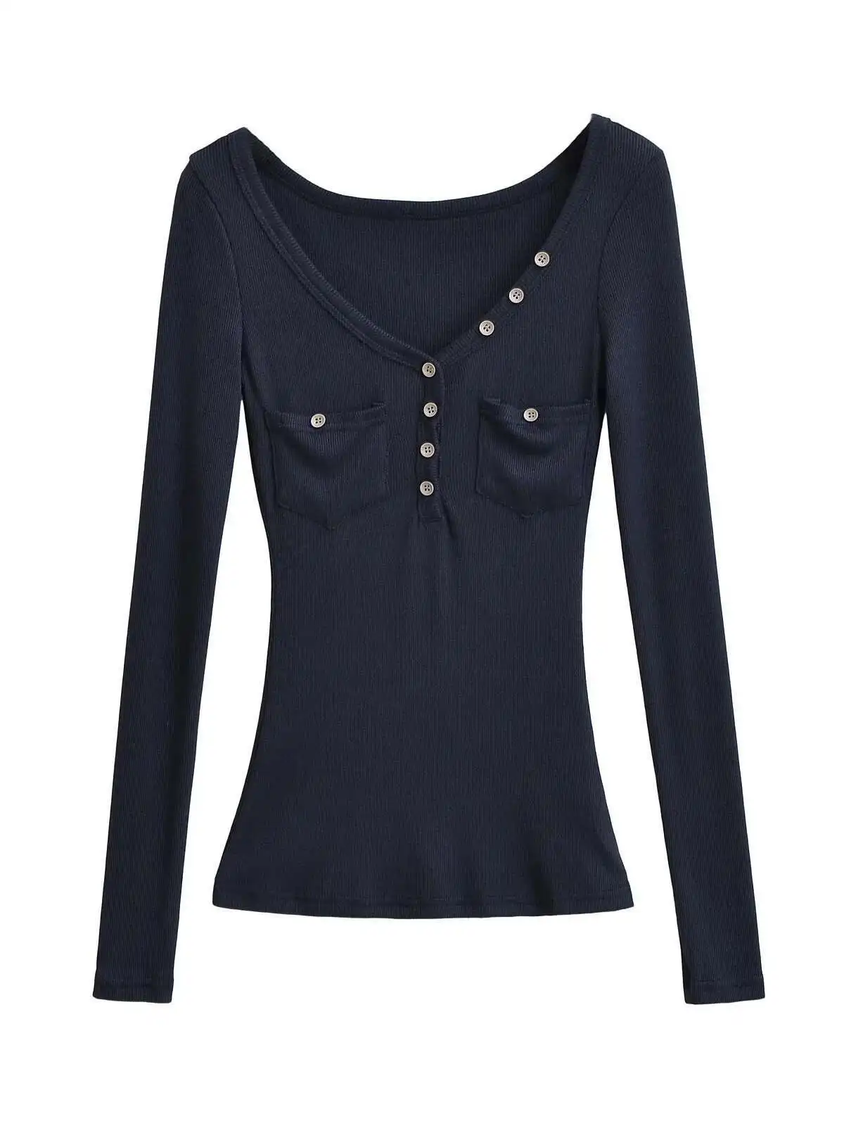 Autunno piccante ragazza sexy scollo a V doppia tasca monopetto manica lunga pullover donna vita stretta solido top sottile CUOC