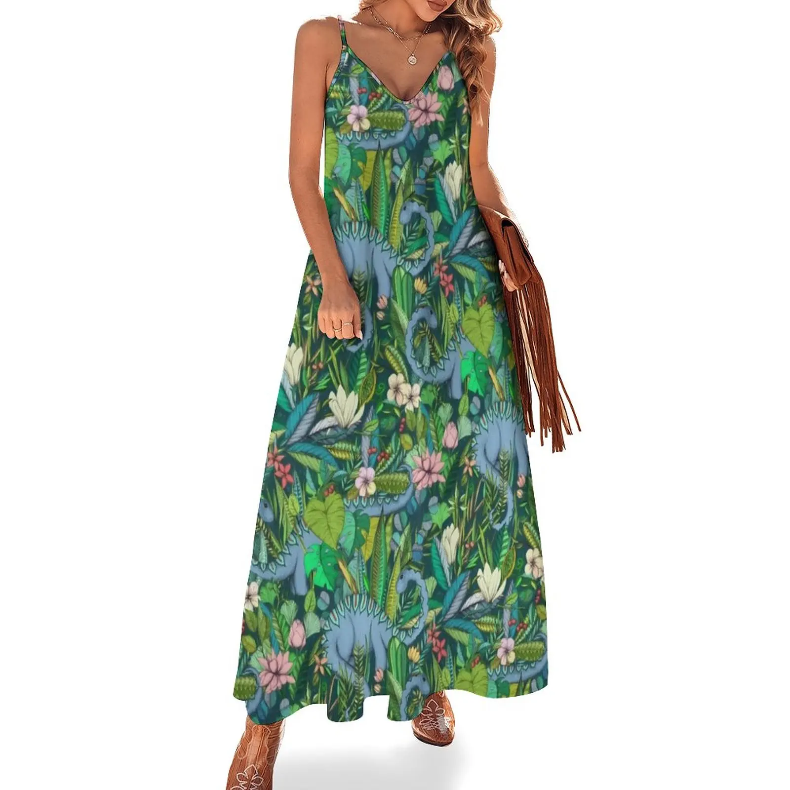 Improbable Botanical with Dinosaurs - dark green Sleeveless Dress women long dresses ladies dresses for special occasions