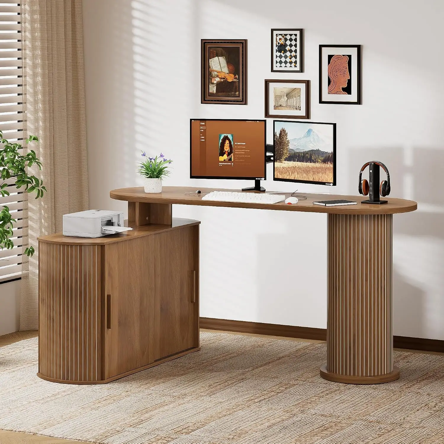59 Inch Oval L Shaped Desk with Storage Cabinet Hidden Cabinet 2 Shelves Curved Corner Wood Table for Work Study, Customized